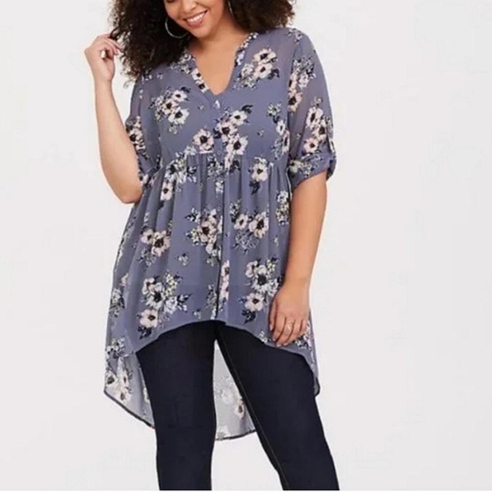 Floral blue sheer high low blouse